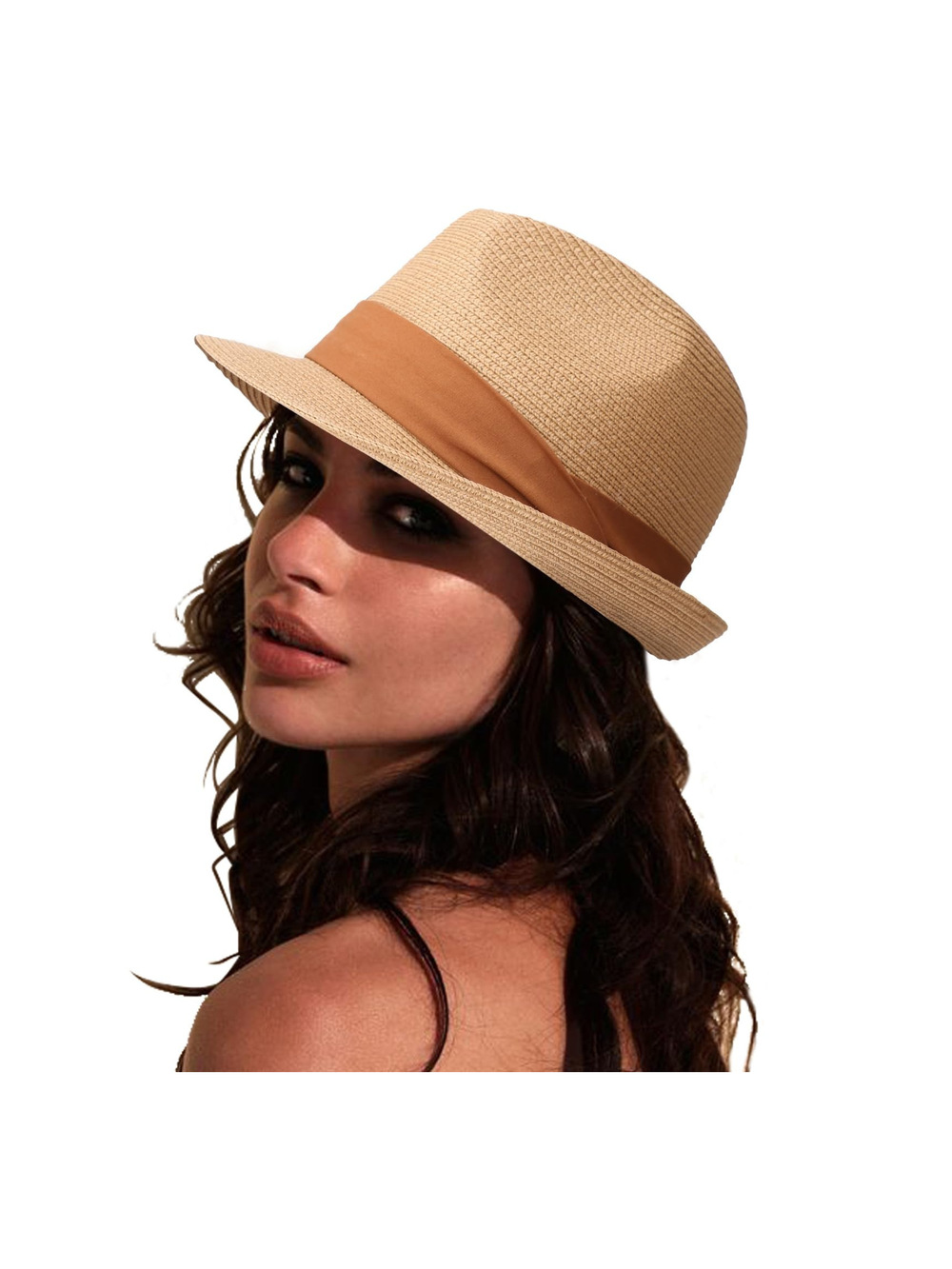 Women Straw Sun Hat Short Brim Panama Travel Fedora | Tan, Brown | Size OS